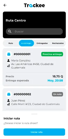 Pantalla de gestion de pedidos en trackee